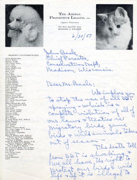 Letter from Marie Thompson of Milwaukee, Wisconsin, President of the Animal Protective League to John Beale, Chief Forester at the Wisconsin Conservation Department regarding the use of DDT. The letterhead consists of photographs of a dog and a cat. The left margin lists prominent anti-vivisectionists.