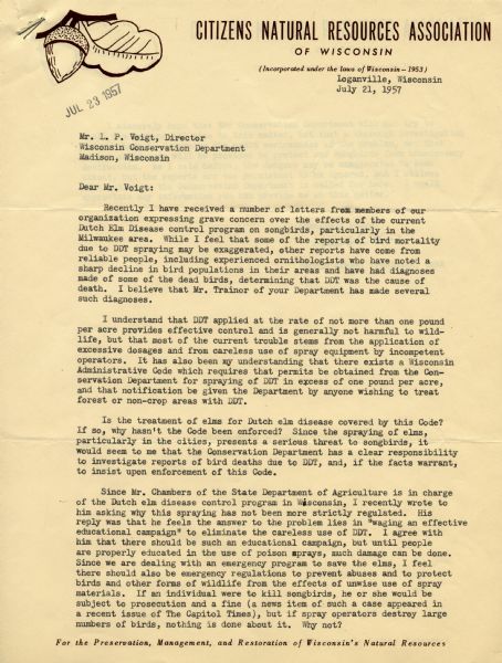 Letter from Harold Kruse, President of Citizens Natural Resources Association of Wisconsin, to L.P. Voigt of the Wisconsin Conservation Department regarding the use of DDT to control Dutch Elm Disease. The letterhead features a drawing of an acorn on an oak branch.