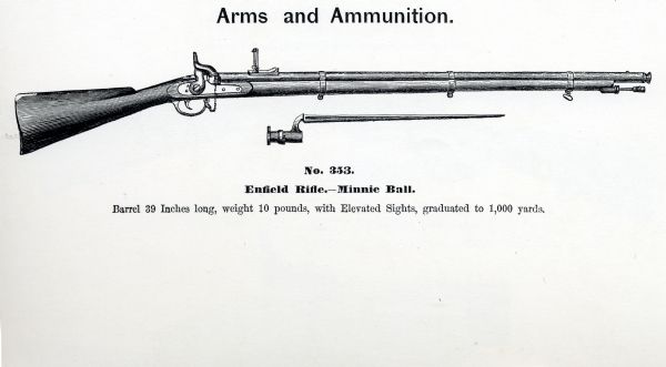 Catalogue illustration of an Enfield Rifle and bayonet.