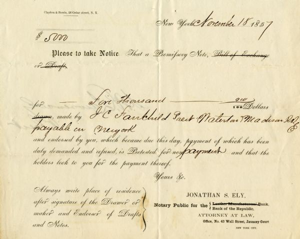 Unpaid bill in the amount of $5,000, owed by Jairus Fairchild, President of Watertown and Madison Railroad, to Bank of the Republic.