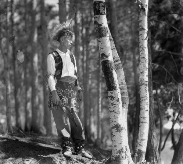 An Ojibwa man standing next to birch trees, gazing over a waterway.  The man is wearing a beaded and appliqued vest and apron with fringe, a porcupine roach, and ankle bells. He is holding an eagle feather fan.
