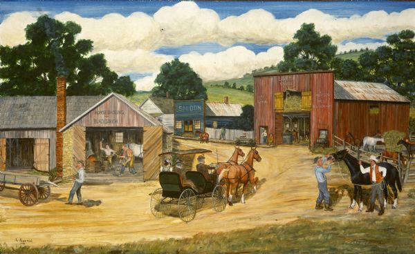 A town scene featuring the blacksmith shop and horses.