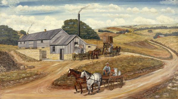 Horse-drawn wagons, also known as milk buggies, dropping off cans of milk at the country cheese factory during summer.