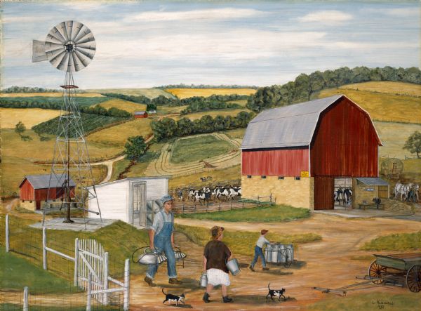A farm family takes part in milking time. The mother carries a milk can and a stripping bucket while the boy pushes milk cans on a cart toward the barn. The husband carries two milking units.
