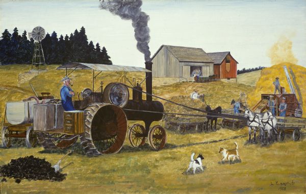 A harvest scene in which an old-fashioned steam-powered tractor is hooked up to a threshing machine. There is a pile of coal next to the tractor and a tank wagon, for hauling water, parked next to it.