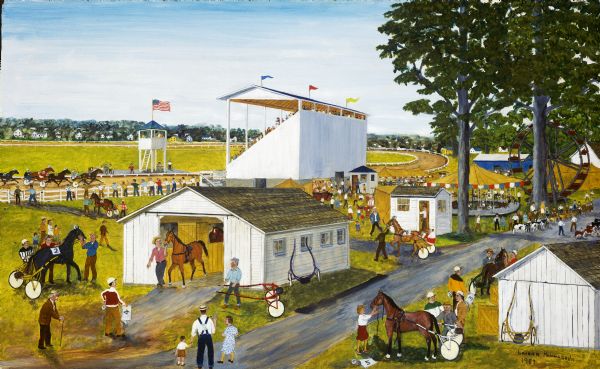 Painting of a county fair, depicting a grandstand, harnass racing, a ferris wheel and merry-go-round typical of the event. The fair gave farmers an opportunity to display the fruits of their harvests.