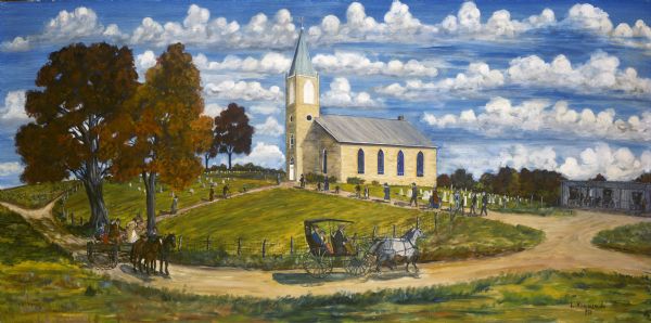 A depiction of the Yellowstone Church of rural Lafayette County, just a few miles from the Kammerude farm. The church is built from locally quarried limestone. People are arriving at the church on foot and via horse-drawn wagons.