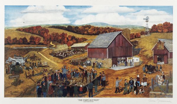 An auctioneer, a clerk, and a helper stand on a stage on a farm conducting an auction as potential bidders surround them. Farming equipment and other items up for bid are visible on the left side of the painting. On the lower righthand side, several woman carry coffee and a basket of food to sell for lunch.