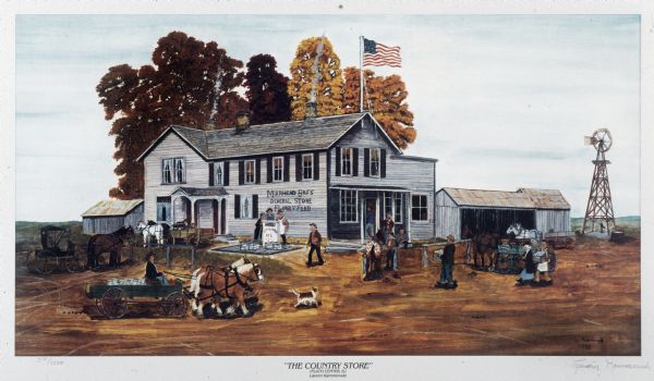 View of a country store in autumn. A man driving a horse-drawn wagon hauls full milkcans in the foreground and, to the right, several families are hauling in crates of farm eggs to be traded for store credit. Three people stand behind a "Chicago US" sign; crates of live chickens are at their feet.