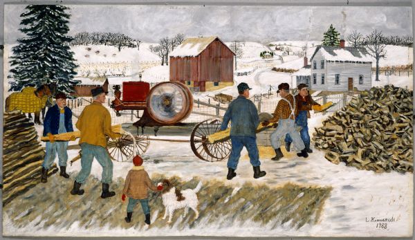 Neighbors work together in the final process of sawing firewood, as they saw poles into blocks. The man with the plaid shirt and suspenders is the owner of the portable circular saw, which he shares. The horses that hauled the wood are blanketed and tied to the fence on the left to keep them from becoming startled and possibly injuring a worker. A child and dog look on from the foreground.