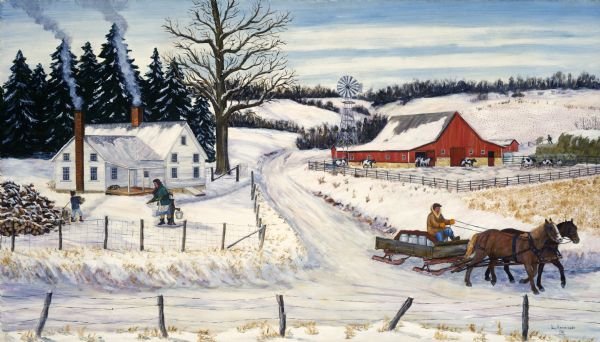 On the right, the farmer in his sheepskin coat drives a horse-drawn sled loaded with milk cans to the cheese factory. A blanket is covering the cans to prevent the milk from freezing. By the house, the wife is pumping water and a child is carrying an armload of wood from the woodpile. Back by the barn, a worker is on a haystack filling the huge mangers for the cows.