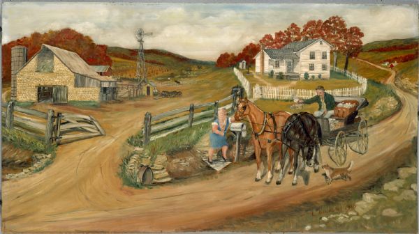 A woman waiting by her mailbox receives a Sears Roebuck catalog delivered by her mail carrier who drives a horse-drawn wagon. The farmhouse and barn are visible behind them. The leaves on the trees have turned autumn colors.