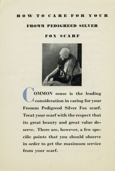 Interior page from a Fromm Brothers brochure giving information about caring for your fur. The page shows a photograph of a seated woman wearing a fur and a cloche style hat.