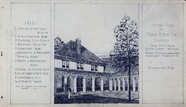 Perspective drawing of a courtyard at Southern Colony for the Developmentally Disabled. An index to other drawings in the collection appears at left.