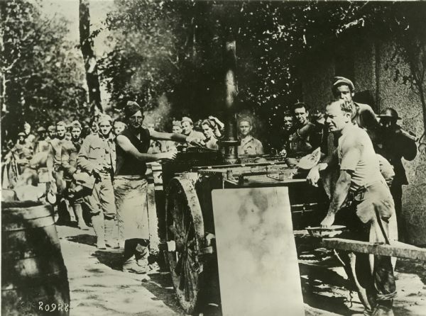Food being prepared on a moving kitchen for soldiers fighting in Sainte-Mihiel, France.