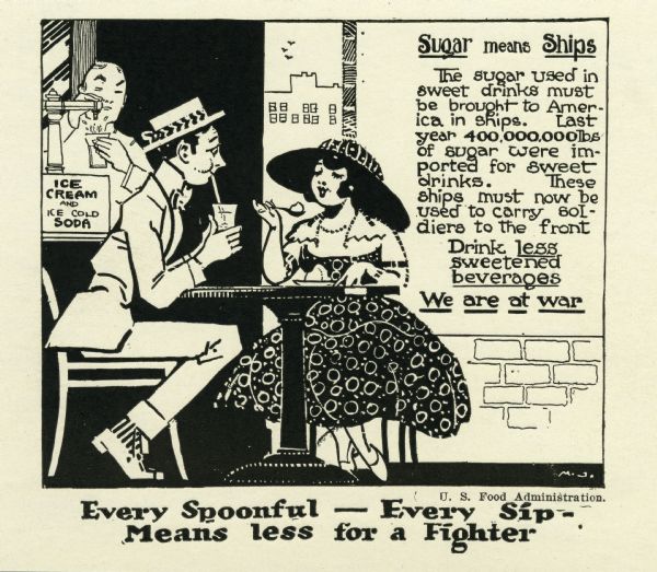 Leaflet urging citizens to consume fewer sweetened beverages. The drawing shows a man and a woman seated at a soda shop.