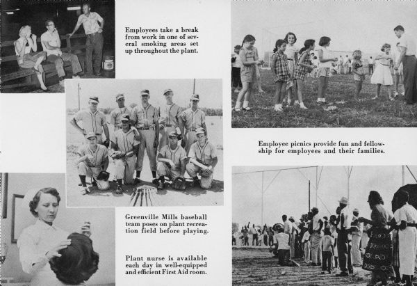 A page from a Greenville Mills employee brochure showing employees enjoying themselves playing baseball, playing at a family picnic, and smoking.