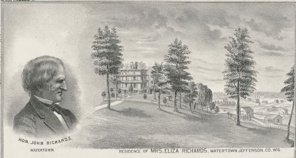 Engraving of Ocatagon House, the residence of Mrs. Eliza Richards. Several trees dot the landscape and other buildings can be seen in the distance at right. An engraved portrait of Hon. John Richards is inset at left.