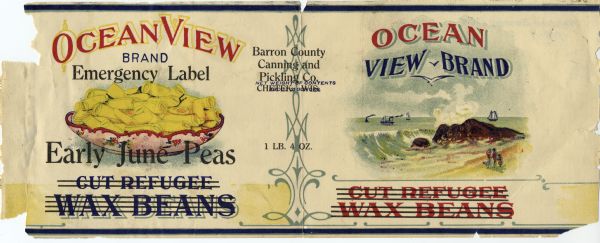 Emergency label for Ocean View Early June Peas printed over an unused wax beans label. The label shows a bowl of cut wax beans on one side and a view of the ocean on the other. The words "cut refugee wax beans" are crossed out and "emergency label early June peas" is printed over the original label.