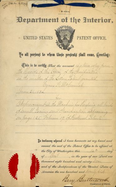 Official copy of Cyrus McCormick's 1834 reaper patent. This copy was made by the Patent Office at the request of the McCormick family.