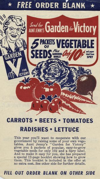Front side of order blank for Aunt Jenny's Garden for Victory seeds featuring a drawing of a woman and several vegetables.