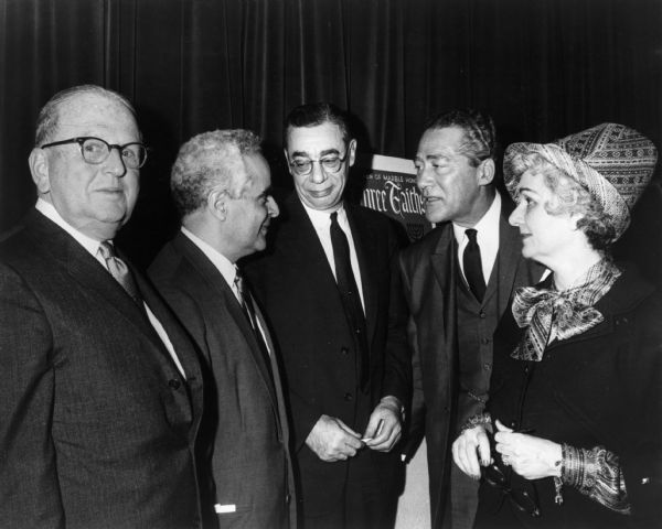 Representatives of Christians, Muslims, and Jews gather at the interfaith program "The Holy Land Comes Alive". From left to right are Norman Vincent Peale, Muhammed Abdul Rauf, Elmer Berger, Lowell Russell Ditzen and Isabelle Bacon.