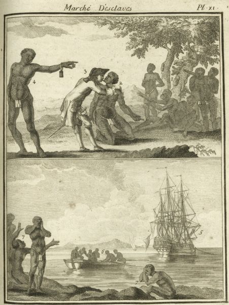 Two illustrations depicting the capture by Europeans of Africans who were taken away on ships to be slaves. The caption is in French.