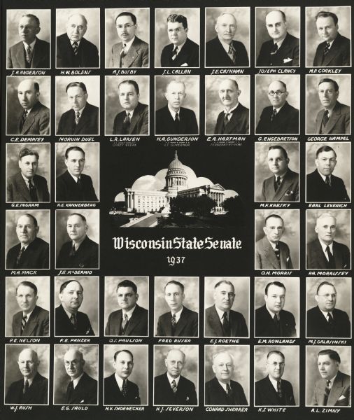 Composite photograph of the Wisconsin State Senate. In the middle is a photograph of the Wisconsin State Capitol.