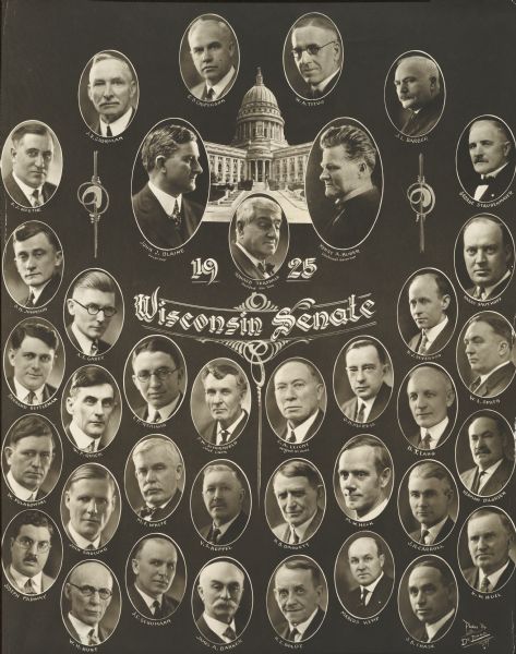 Composite photograph of the Wisconsin Senate around a photograph of the Wisconsin State Capitol.
