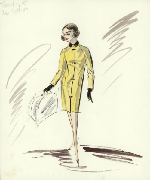 A drawing in pencil, ink, gouache, and watercolor of a design for a yellow trench coat worn by Audrey Hepburn in the bus station scene in "Breakfast at Tiffany's" (Paramount, 1961). The coat is closed by four metal latches and has a small black collar. Black gloves are shown and a small traveling case.