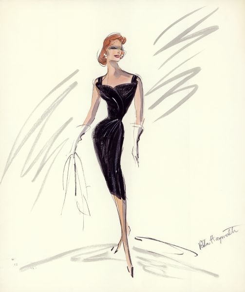 Black cocktail dress, designed by Edith Head for Rita Hayworth in the film "Separate Tables" (1958, United Artists).