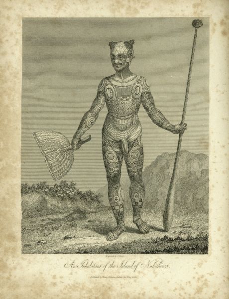 An illustration of a man with a full body tattoo. He is an inhabitant of the Island of Nukahiwa.
