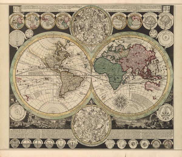 A two page world map featuring the Eastern and Western Hemispheres, as well as the northern and southern zodiacs.  Additionally, the map is ordained with numerous drawings showing various astrological events.