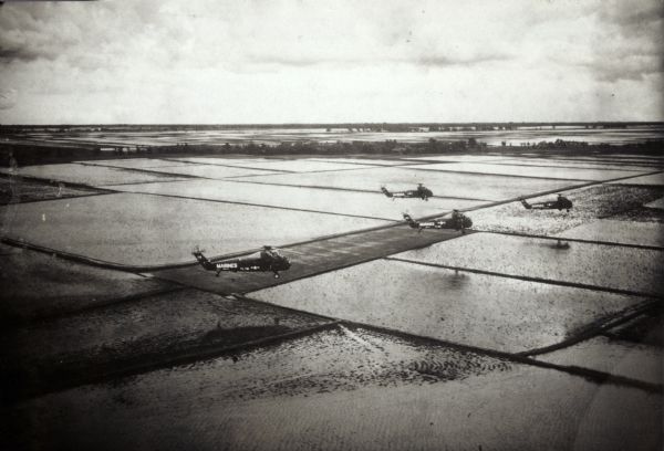 Elevated view of helicopters flying over rice fields in Vietnam.