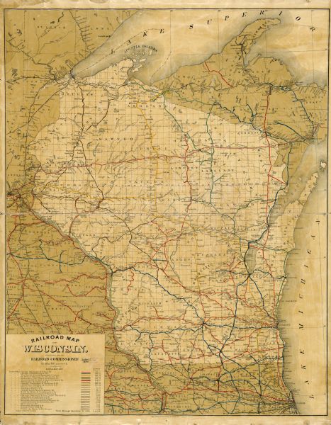This map shows lakes, railroads, and rivers. An explanation of railroad lines with mileage in Wisconsin and total mileage for 1890 is included. Portions of Lake Michigan, Lake Superior, Illinois, Iowa, Michigan and Minnesota are labeled.