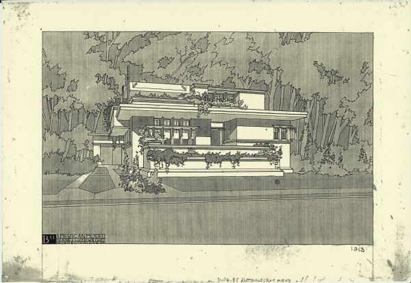 Copy of the original perspective drawing by Antonio Raymond of American System-Built House Model B11. Frank Lloyd Wright outlined his vision of affordable housing. He asserted that the home would have to go to the factory, instead of the skilled labor coming to the building site. Between 1915 and 1917 Wright designed a series of standardized "system-built" homes, known today as the American System-Built Houses. By system-built, he did not mean pre-fabrication off-site, but rather a system that involved cutting the lumber and other materials in a mill or factory, then bringing them to the site for assembly. This system would save material waste and a substantial fraction of the wages paid to skilled tradesmen. Wright produced more than 900 working drawings and sketches of various designs for the system. Six examples were constructed, still standing, on West Burnham Street and Layton Boulevard in Milwaukee, Wisconsin. Other examples were constructed on scattered sites throughout the Midwest with a few yet to be discovered.