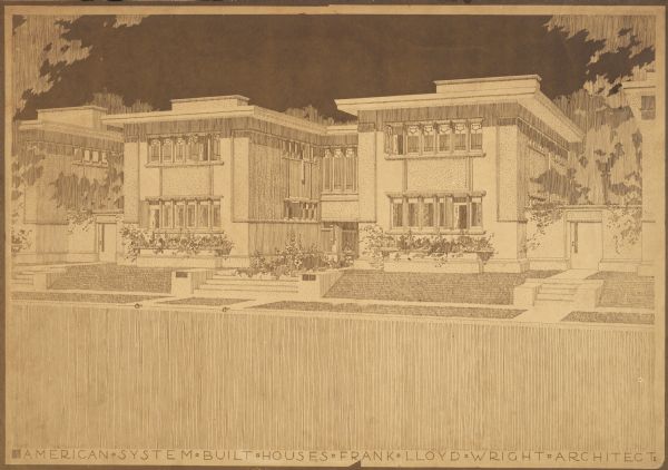 Brownline proof print of artwork created for a perspective drawing for an apartment house. Frank Lloyd Wright outlined his vision of affordable housing. He asserted that the home would have to go to the factory, instead of the skilled labor coming to the building site. Between 1915 and 1917 Wright designed a series of standardized "system-built" homes, known today as the American System-Built Houses. By system-built, he did not mean pre-fabrication off-site, but rather a system that involved cutting the lumber and other materials in a mill or factory, then bringing them to the site for assembly. This system would save material waste and a substantial fraction of the wages paid to skilled tradesmen. Wright produced more than 900 working drawings and sketches of various designs for the system. Six examples were constructed, still standing, on West Burnham Street and Layton Boulevard in Milwaukee, Wisconsin. Other examples were constructed on scattered sites throughout the Midwest with a few yet to be discovered.