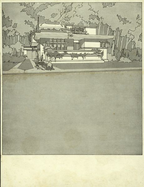 Halftone print of a perspective drawing of model home B11. Frank Lloyd Wright outlined his vision of affordable housing. He asserted that the home would have to go to the factory, instead of the skilled labor coming to the building site. Between 1915 and 1917 Wright designed a series of standardized "system-built" homes, known today as the American System-Built Houses. By system-built, he did not mean pre-fabrication off-site, but rather a system that involved cutting the lumber and other materials in a mill or factory, then bringing them to the site for assembly. This system would save material waste and a substantial fraction of the wages paid to skilled tradesmen. Wright produced more than 900 working drawings and sketches of various designs for the system. Six examples were constructed, still standing, on West Burnham Street and Layton Boulevard in Milwaukee, Wisconsin. Other examples were constructed on scattered sites throughout the Midwest with a few yet to be discovered.