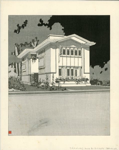 Print of a perspective drawing for an American System-Built Home by Rudolph Schindler. Frank Lloyd Wright outlined his vision of affordable housing. He asserted that the home would have to go to the factory, instead of the skilled labor coming to the building site. Between 1915 and 1917 Wright designed a series of standardized "system-built" homes, known today as the American System-Built Houses. By system-built, he did not mean pre-fabrication off-site, but rather a system that involved cutting the lumber and other materials in a mill or factory, then bringing them to the site for assembly. This system would save material waste and a substantial fraction of the wages paid to skilled tradesmen. Wright produced more than 900 working drawings and sketches of various designs for the system. Six examples were constructed, still standing, on West Burnham Street and Layton Boulevard in Milwaukee, Wisconsin. Other examples were constructed on scattered sites throughout the Midwest with a few yet to be discovered.