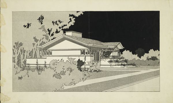 Proof print of the artwork for a perspective drawing of an American System-Built House. Frank Lloyd Wright outlined his vision of affordable housing. He asserted that the home would have to go to the factory, instead of the skilled labor coming to the building site. Between 1915 and 1917 Wright designed a series of standardized "system-built" homes, known today as the American System-Built Houses. By system-built, he did not mean pre-fabrication off-site, but rather a system that involved cutting the lumber and other materials in a mill or factory, then bringing them to the site for assembly. This system would save material waste and a substantial fraction of the wages paid to skilled tradesmen. Wright produced more than 900 working drawings and sketches of various designs for the system. Six examples were constructed, still standing, on West Burnham Street and Layton Boulevard in Milwaukee, Wisconsin. Other examples were constructed on scattered sites throughout the Midwest with a few yet to be discovered.