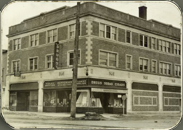 View from street of new Rennebohm Drug Store #1 at 1357 University Avenue at the corner of Randall Avenue, shortly after its construction.