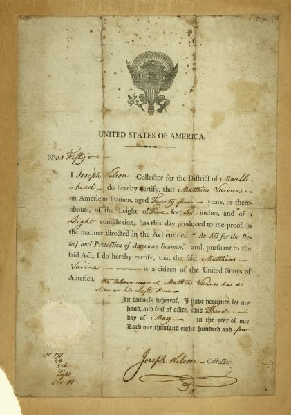 A certificate, signed by Joseph Wilson, that officially declares Matthias Varina a citizen of the United States of America.
