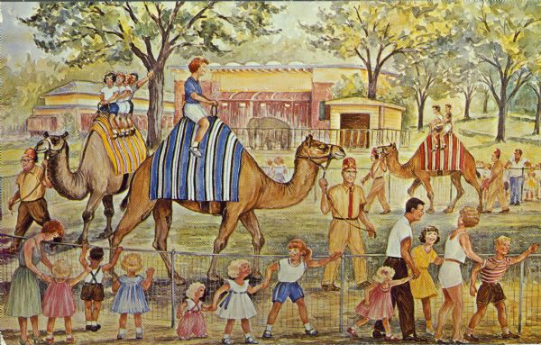 Watercolor painting by Jens von Sivers presented to the zoo by the Provident Savings and Loan Association. The painting shows children riding camels led by Zor Shrine members at Vilas Park Zoo (Henry Vilas Zoo). One of a series of 15 zoo paintings.