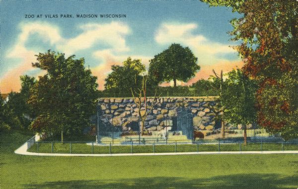 Scene at Vilas Park Zoo (Henry Vilas Zoo) showing bear pits. Caption reads: "Zoo at Vilas Park, Madison, Wisconsin."