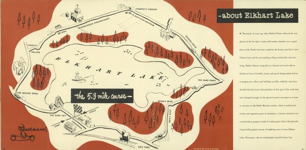 A drawing of the 5.3 mile race course around Elkhart Lake. Page 12 and 13 of the official program from Elkhart Lake Road Race. The race took place on Sunday, August 26th 1951.