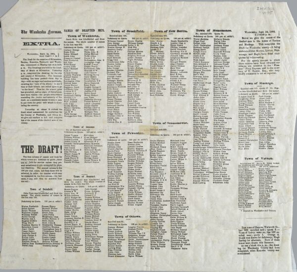 Page from the Waukesha "Daily Freeman" newspaper listing draftees from Waukesha, Brookfield, New Berlin, Menomonee, Muskego, Vernon, Genesse, Summit, Delafield, Pewaukee, Ottowa, and Oconomowoc.