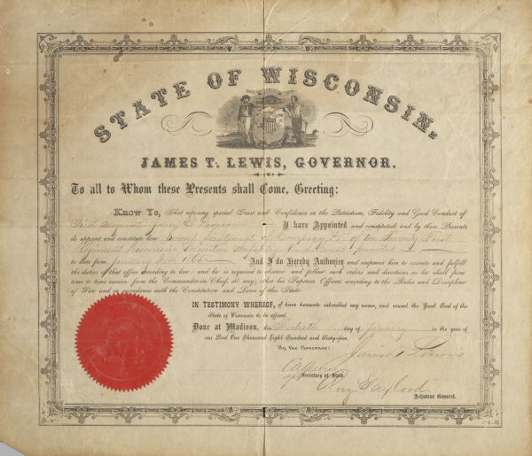 John E. Davie's commission as 2nd lieutenant in the 21st Wisconsin Infantry, Company K.