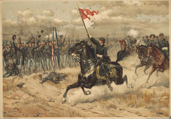"Sheridan's Ride, an incident of the Battle of Cedar Creek, Va." Lithograph after a painting by Thulstrup, printed by L. Prang & Company, Boston, 1886.