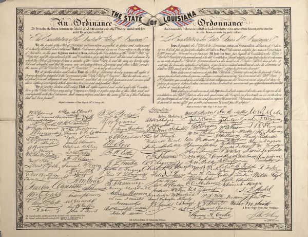 "An ordinance to dissolve the Union between the State of Louisiana and other states united with her under the compact entitled 'The Constitution of the United States of America.'"  Elaborate version in English and French with decorative borders.