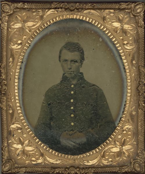 A ferrotype (tintype) portrait of John C. Rossbach of the Dodgeville Guards, 12th Wisconsin Volunteer Infantry, Company C.